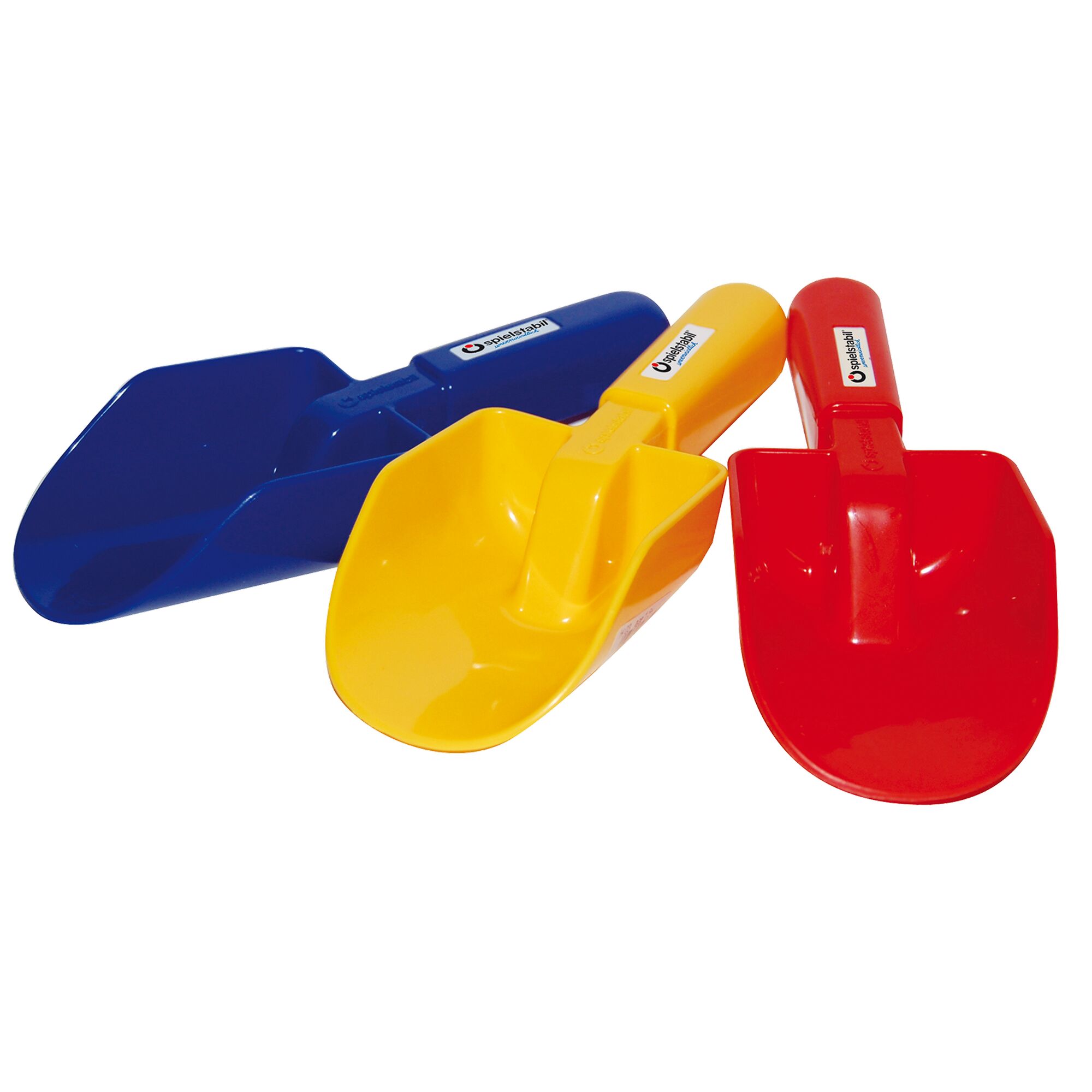 Drei Spielschaufeln in den Farben Blau, Gelb und Rot.