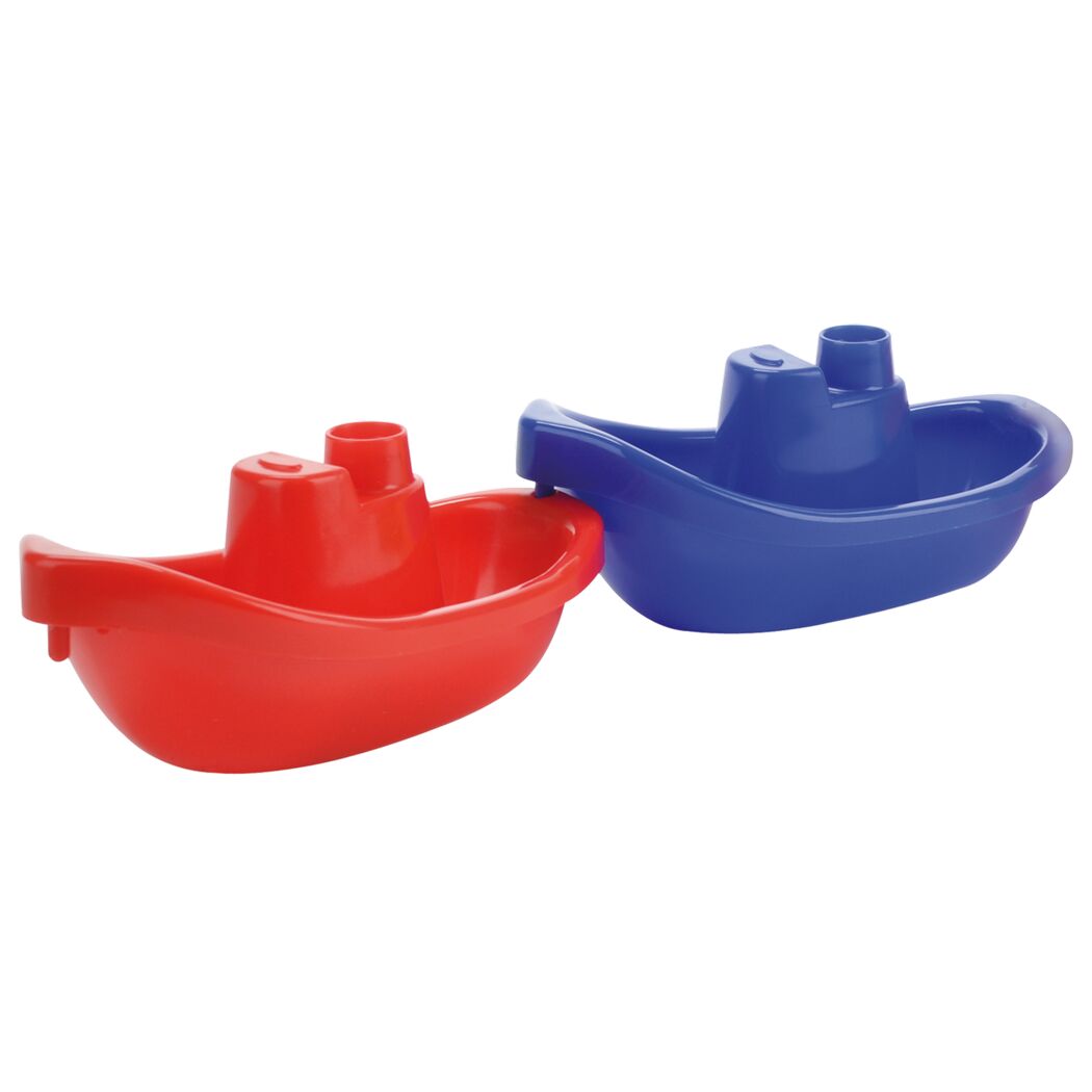 Zwei rote und blaue Spielzeugboote