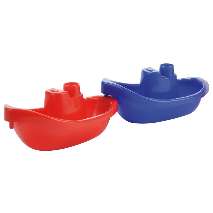 Zwei rote und blaue Spielzeugboote