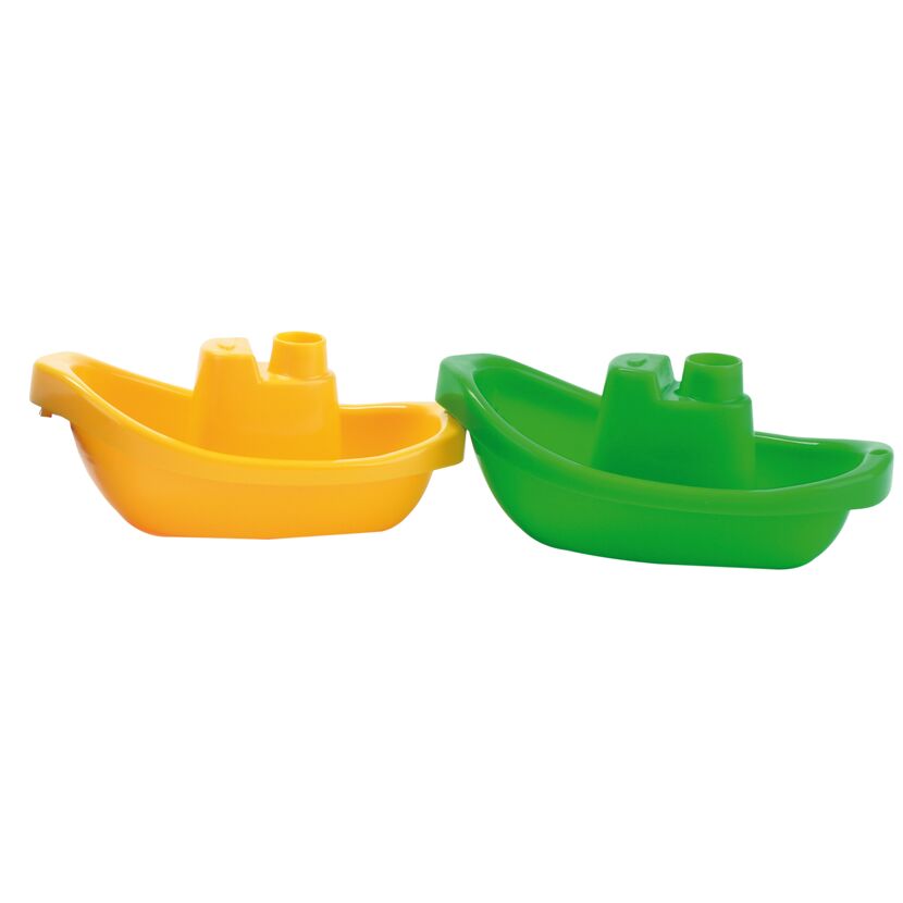 Zwei gelbes und grünes Spielzeugboote
