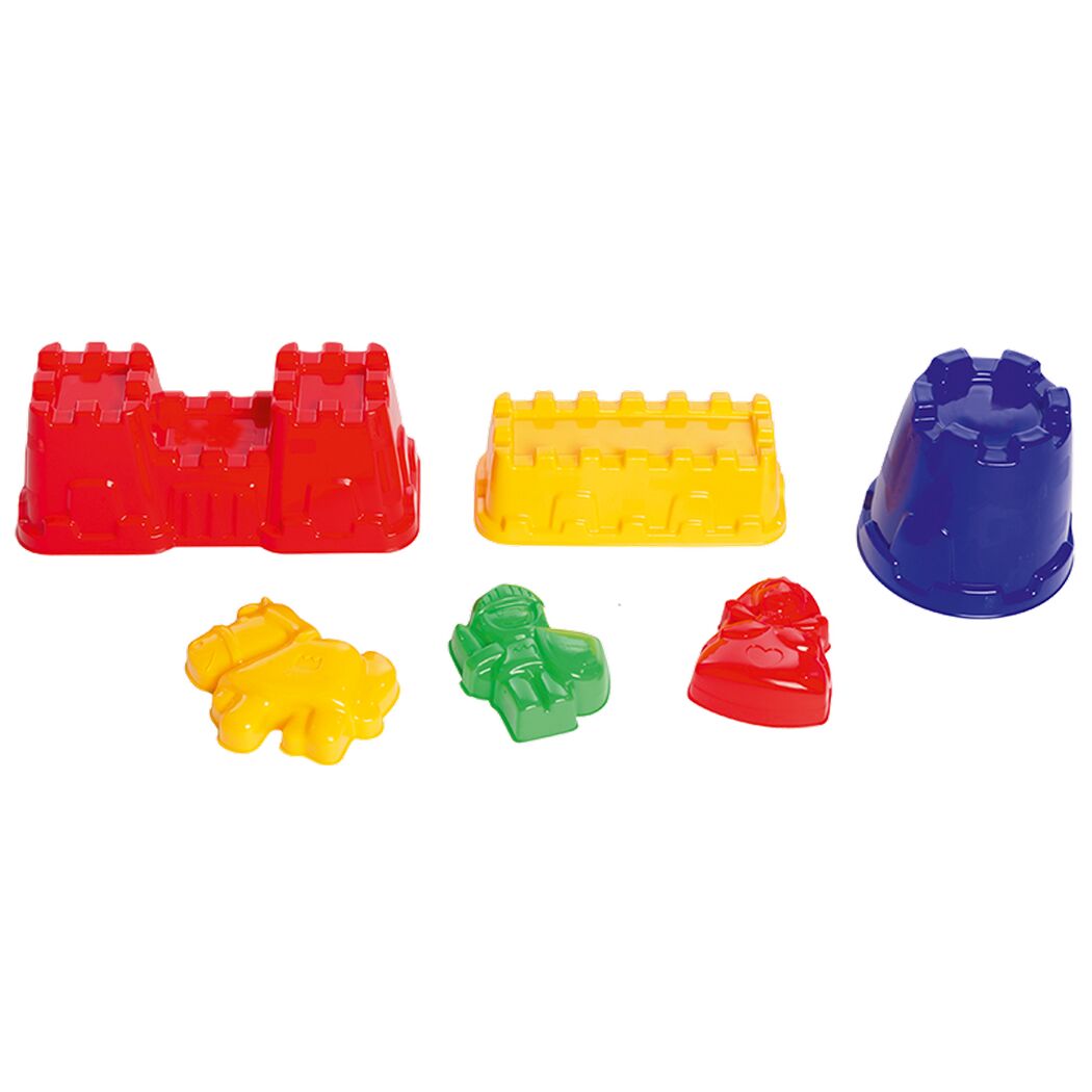 Sechsteiliges Sandburgen-Set in rot, gelb, grün und blau.