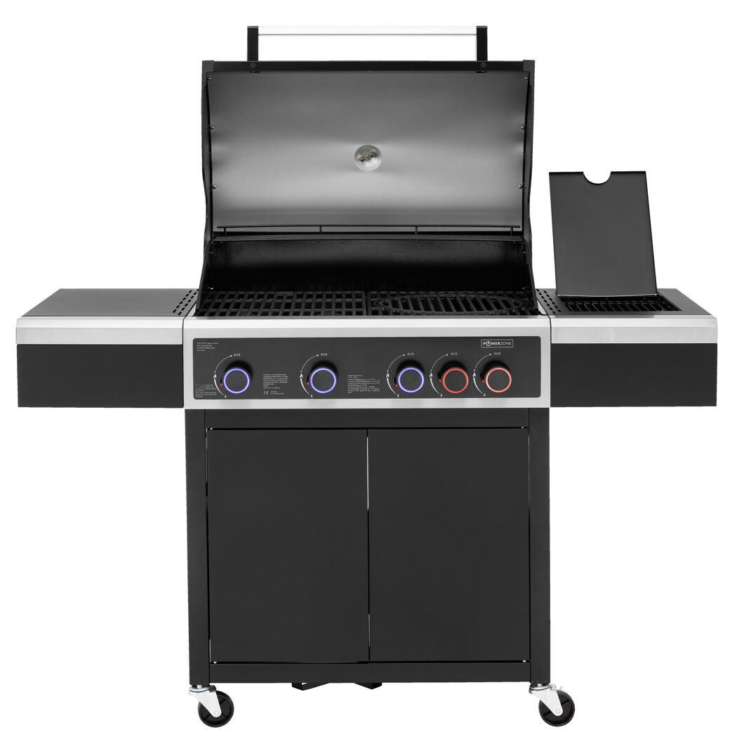 Gasgrill mit vier Brennern und geöffnetem Deckel.