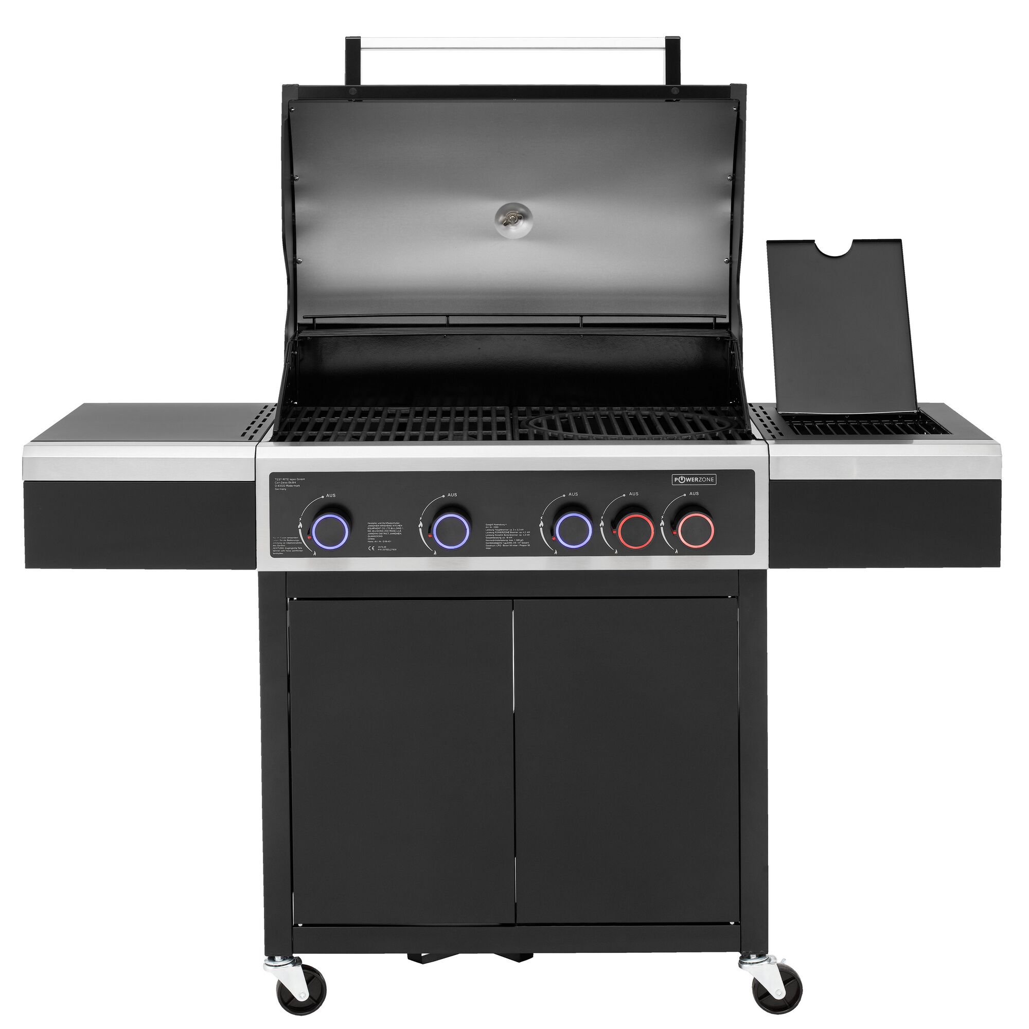 Gasgrill mit vier Brennern und geöffnetem Deckel.
