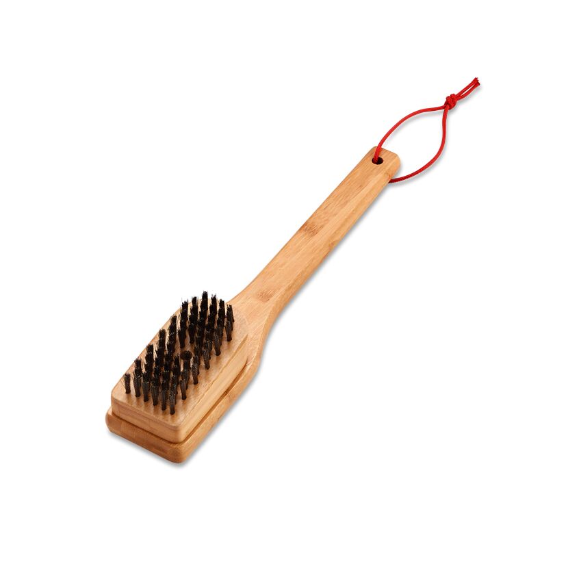 Grillbürste aus Holz mit Drahtbürste und roter Schlaufe