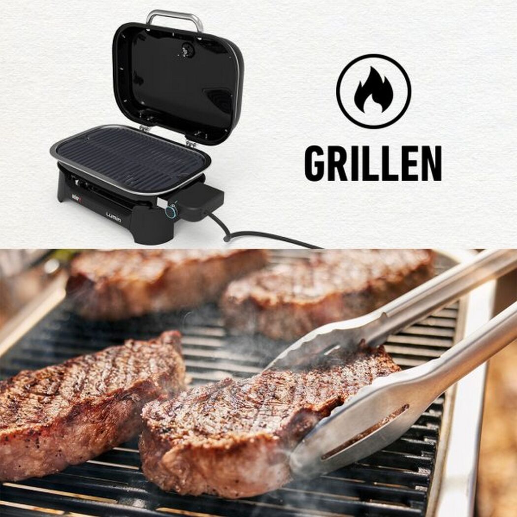 Lumin Compact Elektrogrill, Steaks werden gegrillt