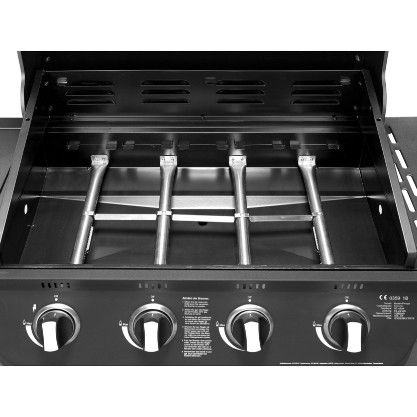Gasgrill mit vier Brennern und Bedienelementen.