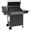 Schwarzer Gasgrill mit vier Brennern und einem Seitenbrenner.