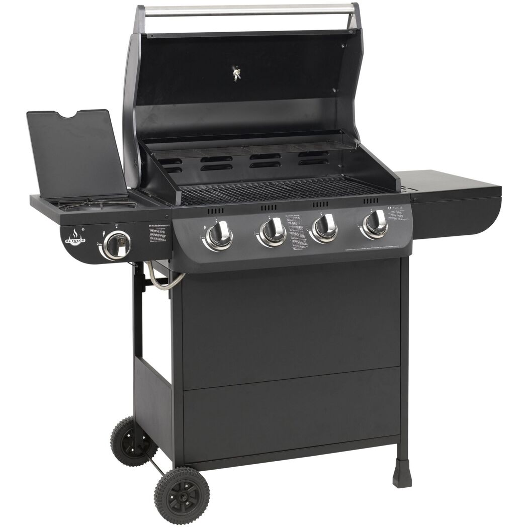 Schwarzer Gasgrill mit vier Brennern und einem Seitenbrenner.