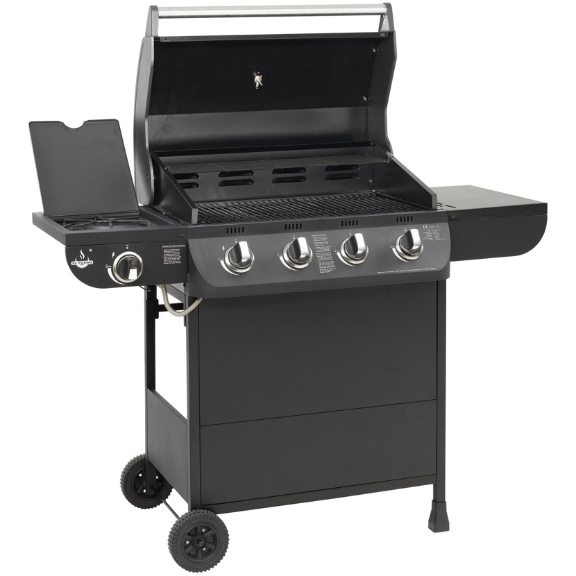 Schwarzer Gasgrill mit vier Brennern und einem Seitenbrenner.