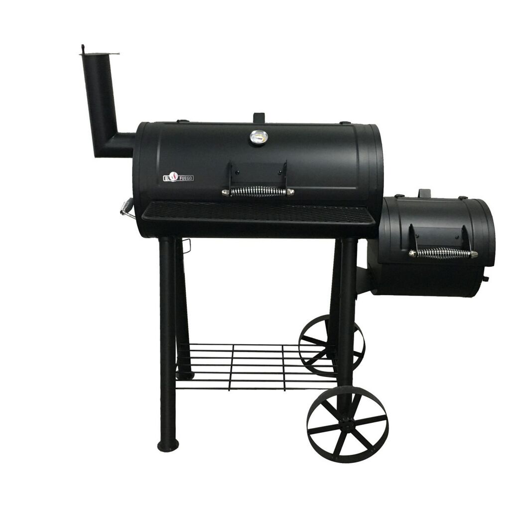 Schwarzer El Fuego Smoker Edmondton mit Rädern und Schornstein.