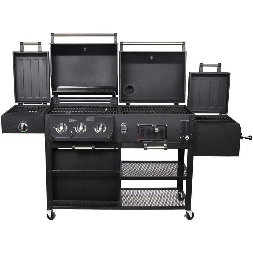 Schwarzer Kombigrill mit geöffneten Deckeln