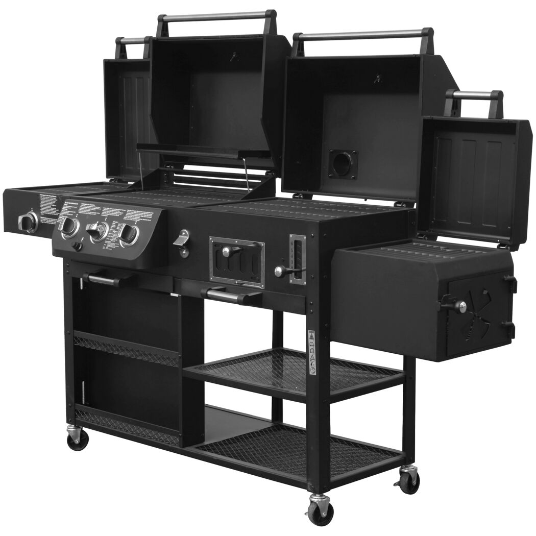 Schwarzer Kombigrill mit geöffneten Deckeln