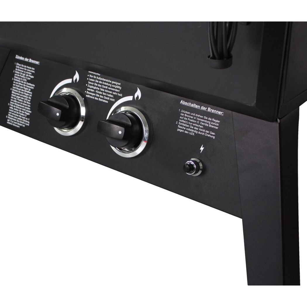 Bedienfeld eines Gasgrills mit Drehreglern und Knopf.