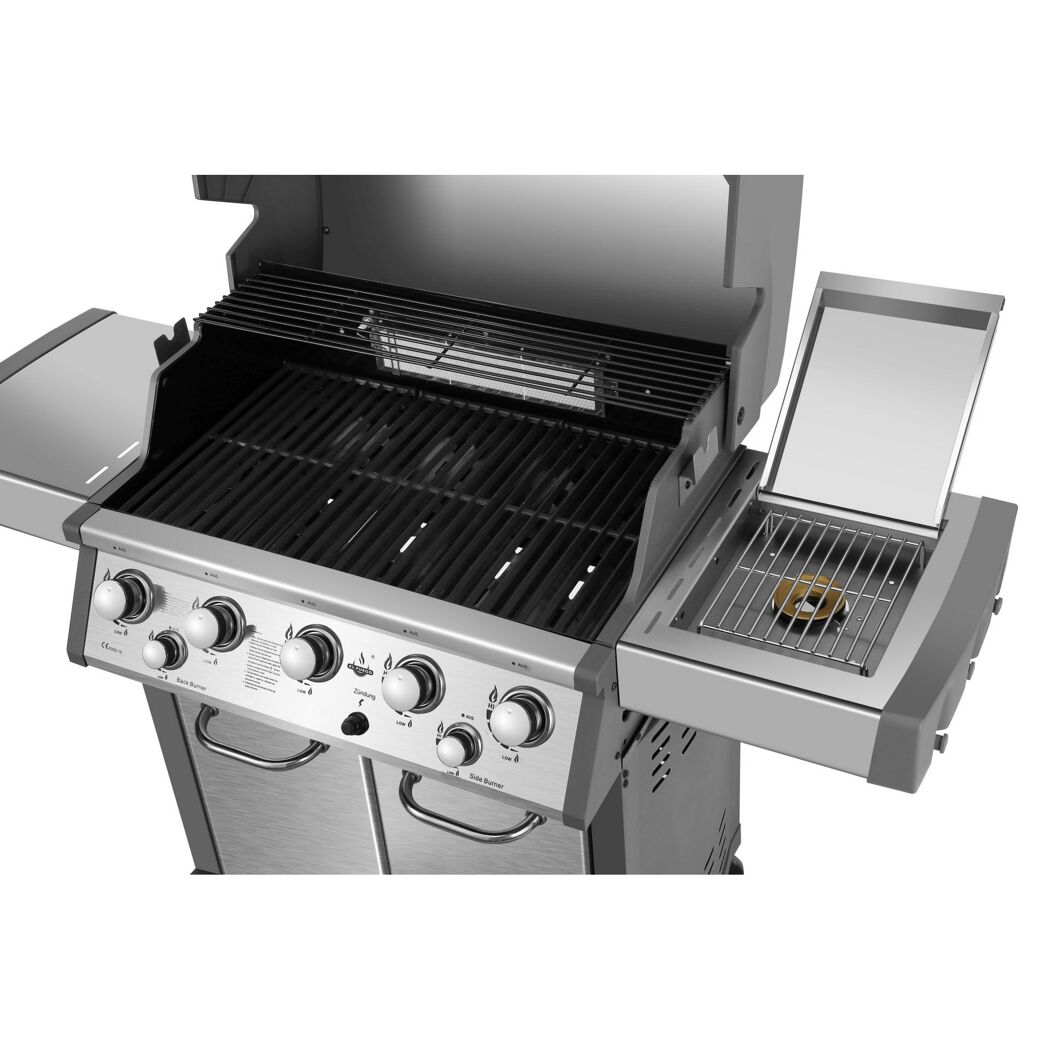 Gasgrill mit geöffnetem Deckel und Seitenbrenner