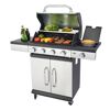 Gasgrill mit Grillgut und Getränken.