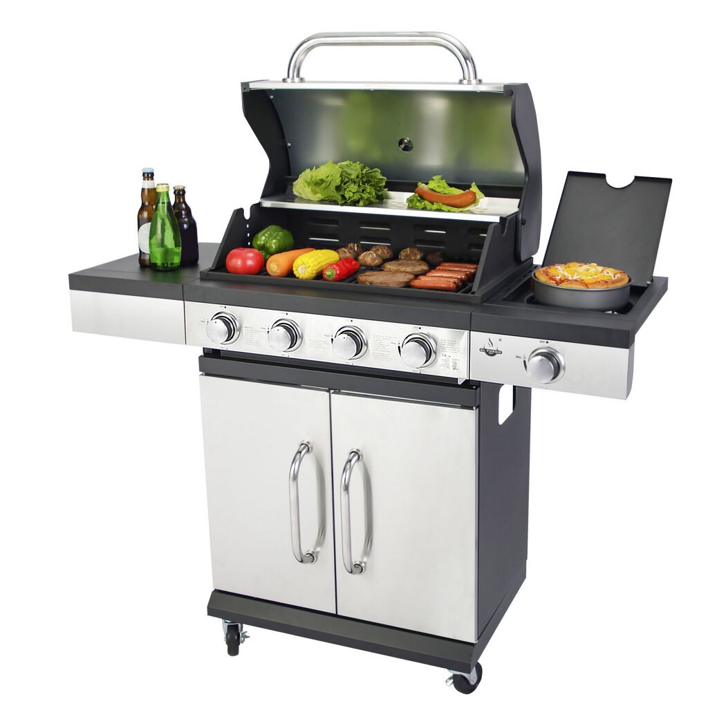 Gasgrill mit Grillgut und Getränken.