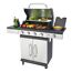 Gasgrill mit Grillgut und Getränken.