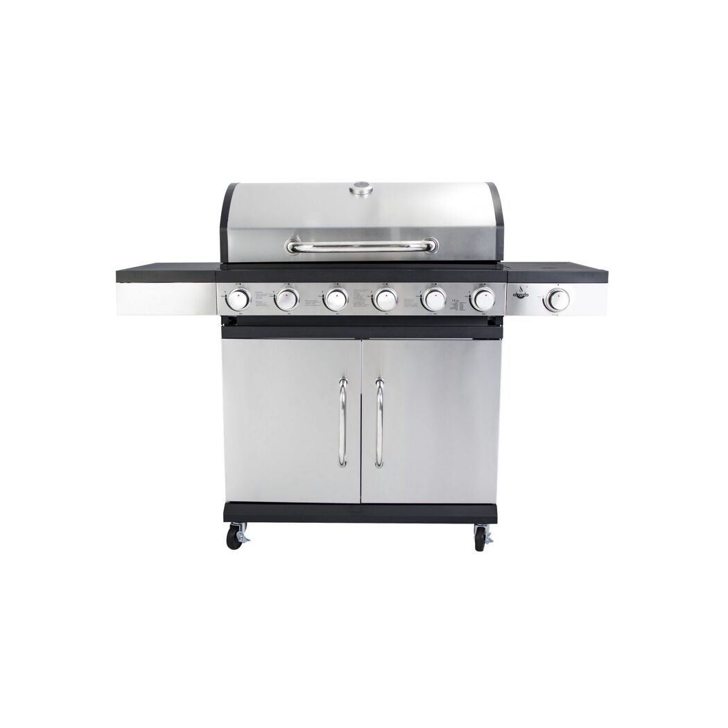 Gasgrill mit sechs Brennern und geschlossenem Deckel.