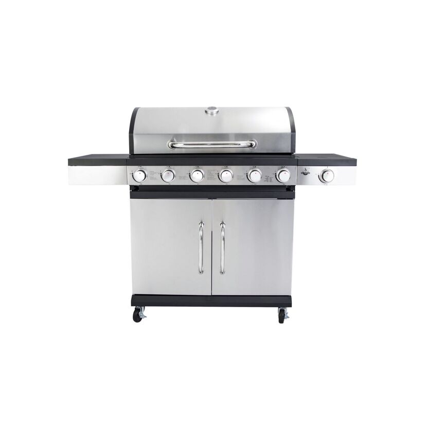 Gasgrill mit sechs Brennern und geschlossenem Deckel.