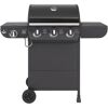 Schwarzer Gasgrill mit drei Brennern und Seitenbrenner.