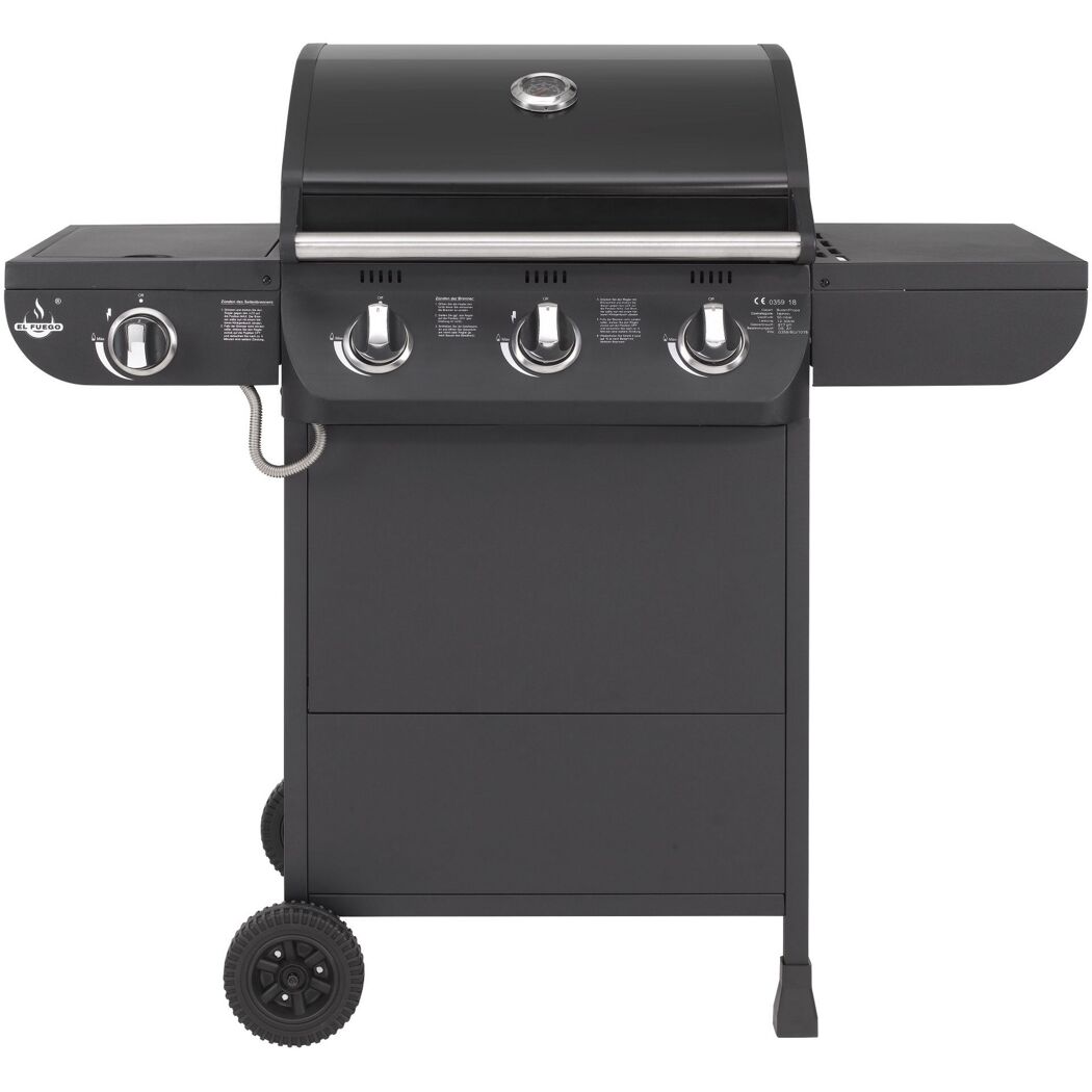 Schwarzer Gasgrill mit drei Brennern und Seitenbrenner.