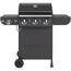 Schwarzer Gasgrill mit drei Brennern und Seitenbrenner.