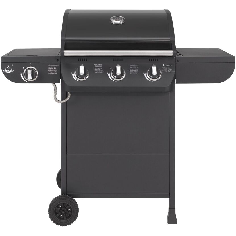 Schwarzer Gasgrill mit drei Brennern und Seitenbrenner.