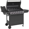 Schwarzer Gasgrill mit sechs Brennern und Seitenkocher.