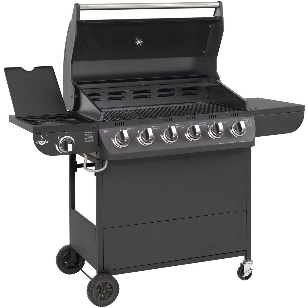 Schwarzer Gasgrill mit sechs Brennern und Seitenkocher.