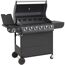 Schwarzer Gasgrill mit sechs Brennern und Seitenkocher.