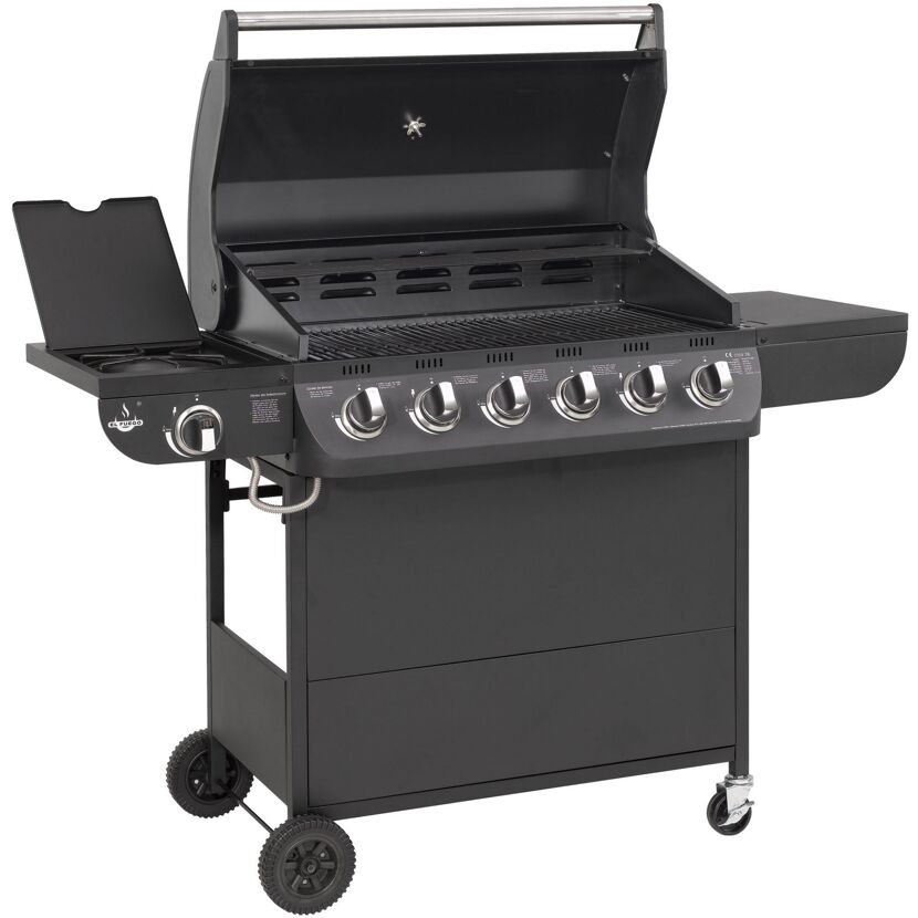 Schwarzer Gasgrill mit sechs Brennern und Seitenkocher.