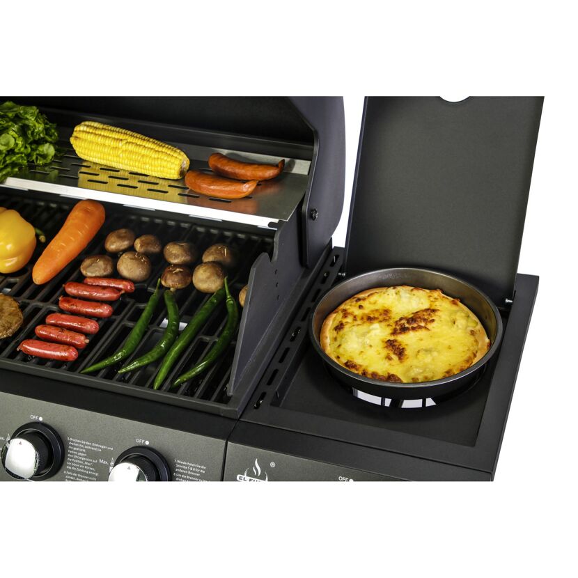 Gasgrill mit Gemüse, Würstchen und Pizza