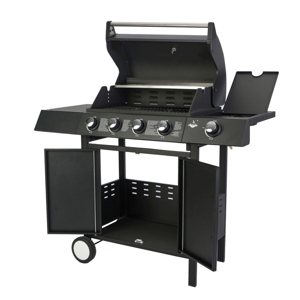 Gasgrill San Angelo mit geöffnetem Deckel und Unterschränken.