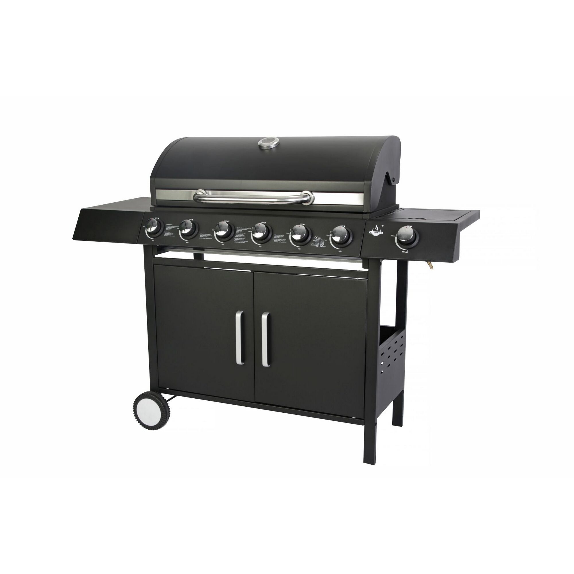 Schwarzer Gasgrill mit sechs Brennern.