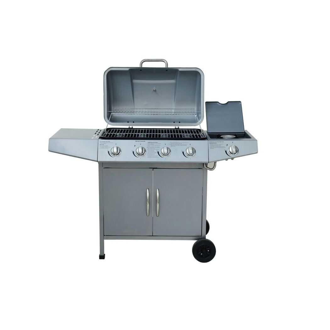 Gasgrill mit vier Brennern und geöffnetem Deckel.