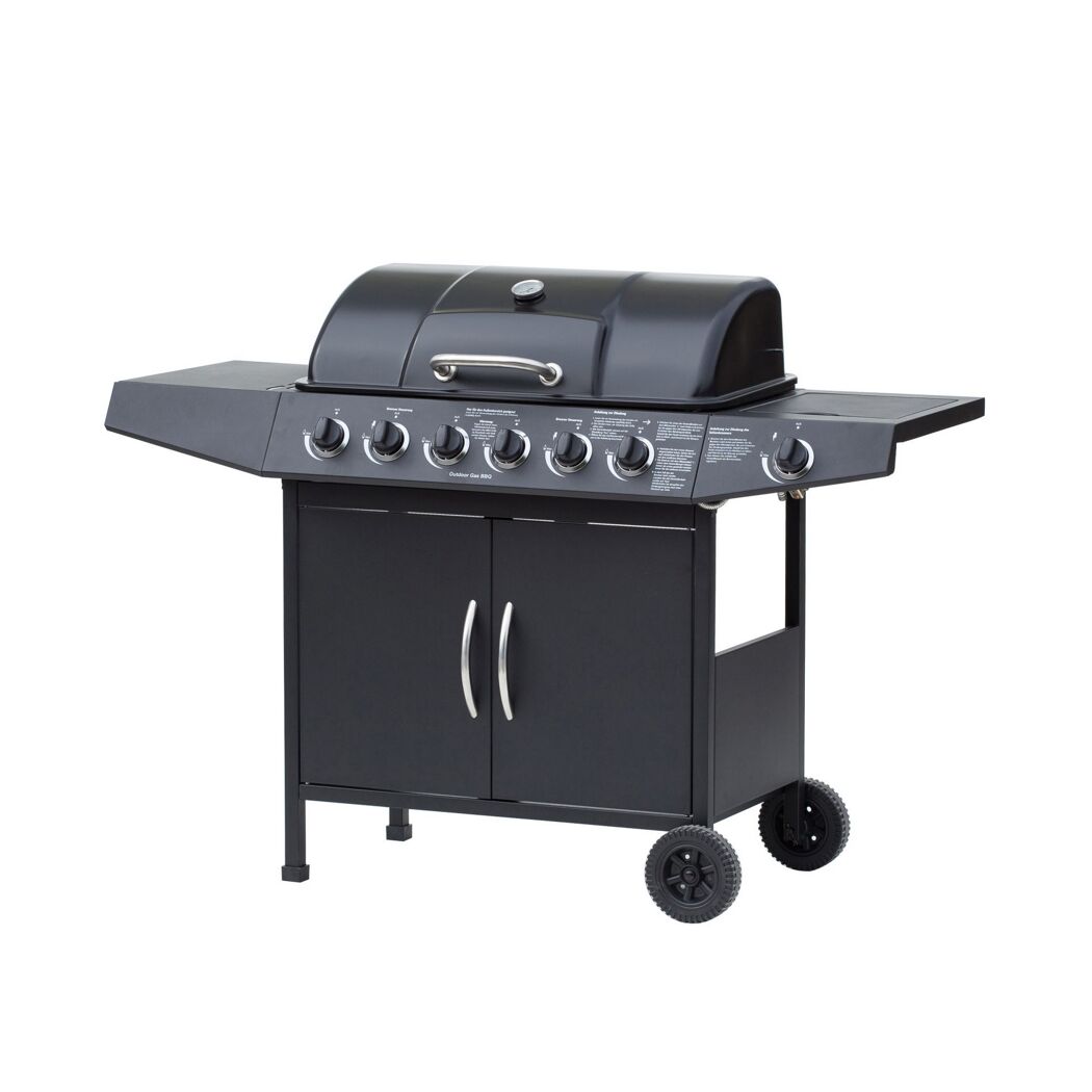 Schwarzer Gasgrill mit sechs Brennern.