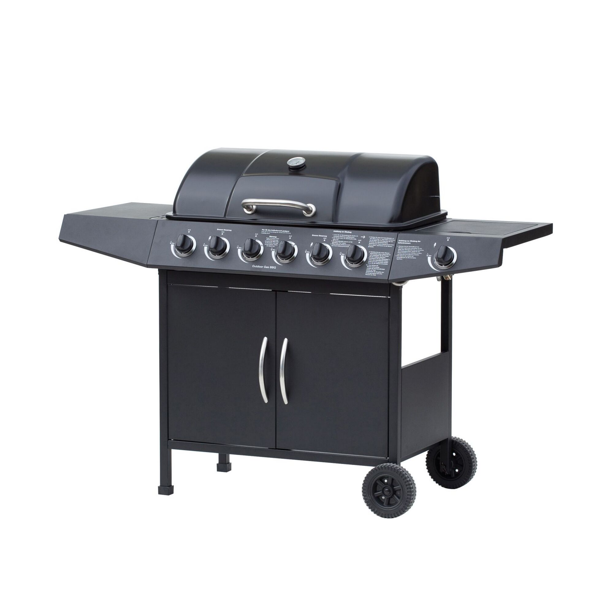 Schwarzer Gasgrill mit sechs Brennern.