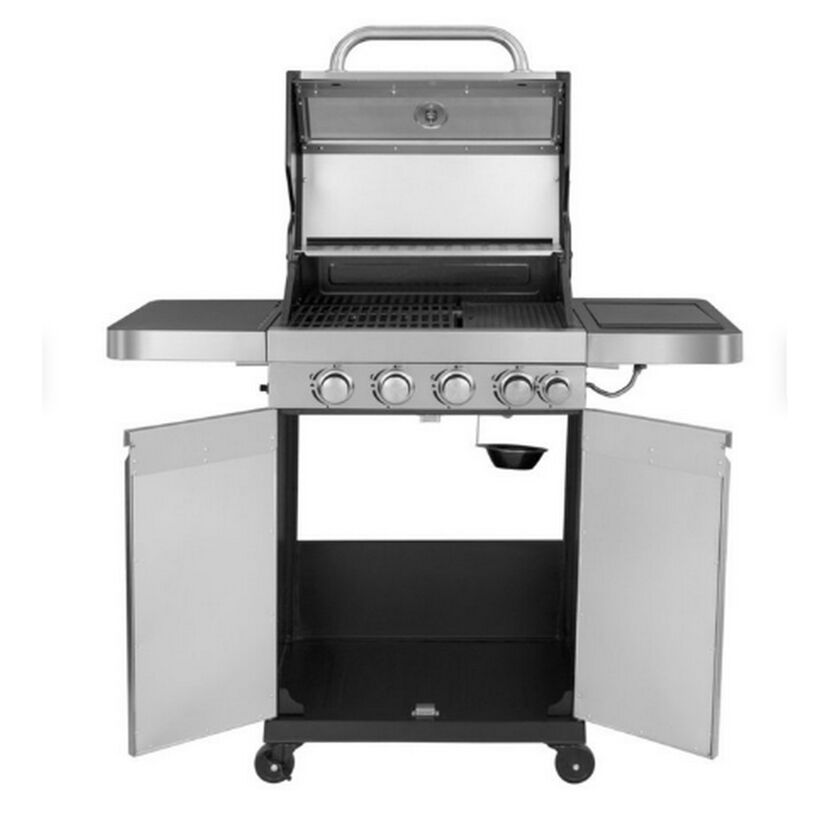 Gasgrill SunsetBeachEF mit geöffnetem Deckel und Schränken