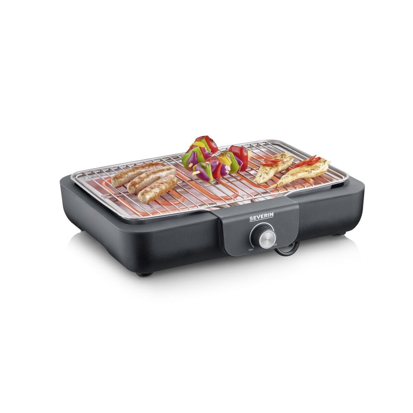 Elektrogrill mit Würstchen und Spießen