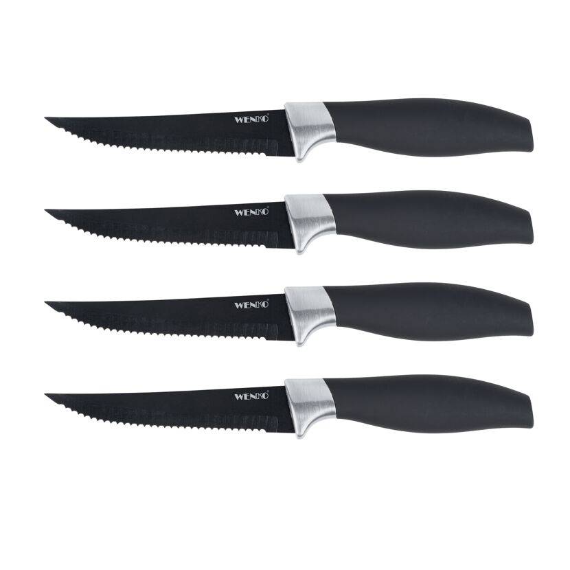 Vier Steakmesser mit schwarzem Griff