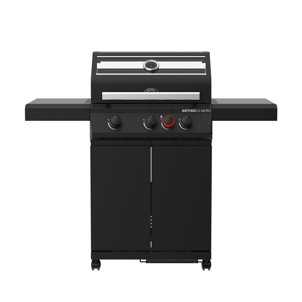 Schwarzer Gasgrill mit drei Brennern.