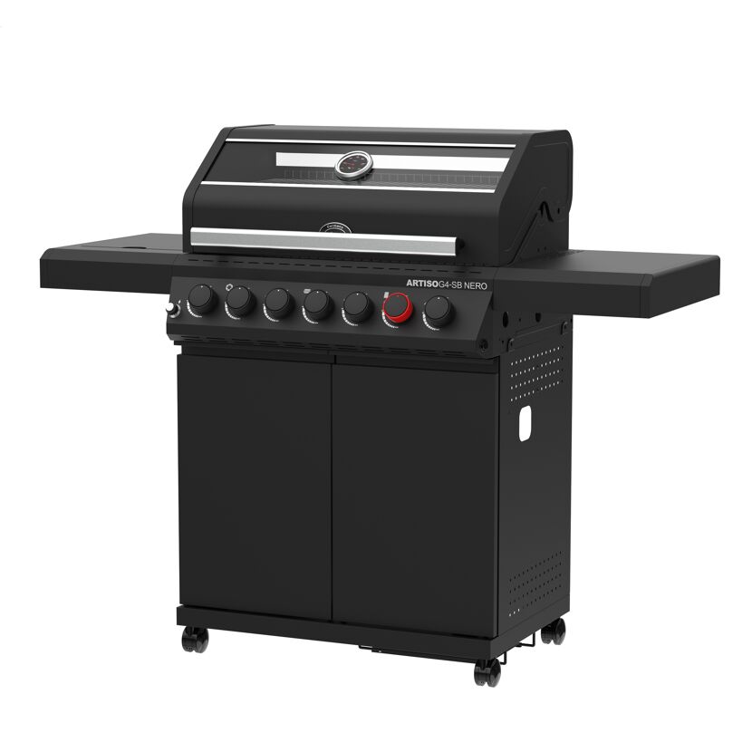 Schwarzer Gasgrill mit sechs Drehreglern