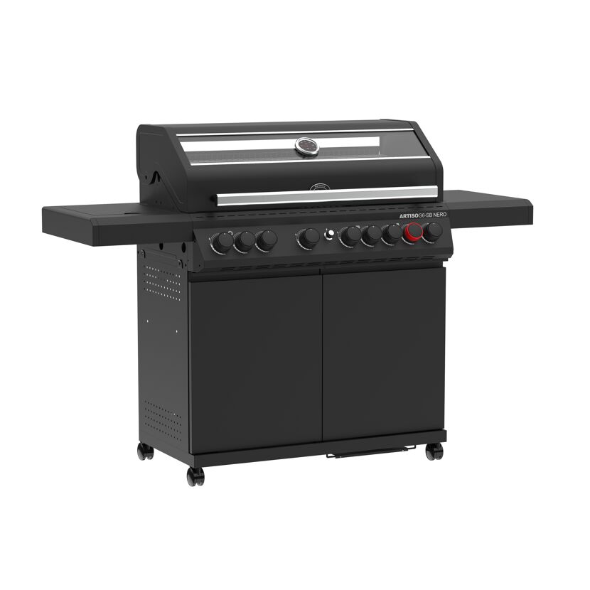 Schwarzer Gasgrill mit sechs Brennern.