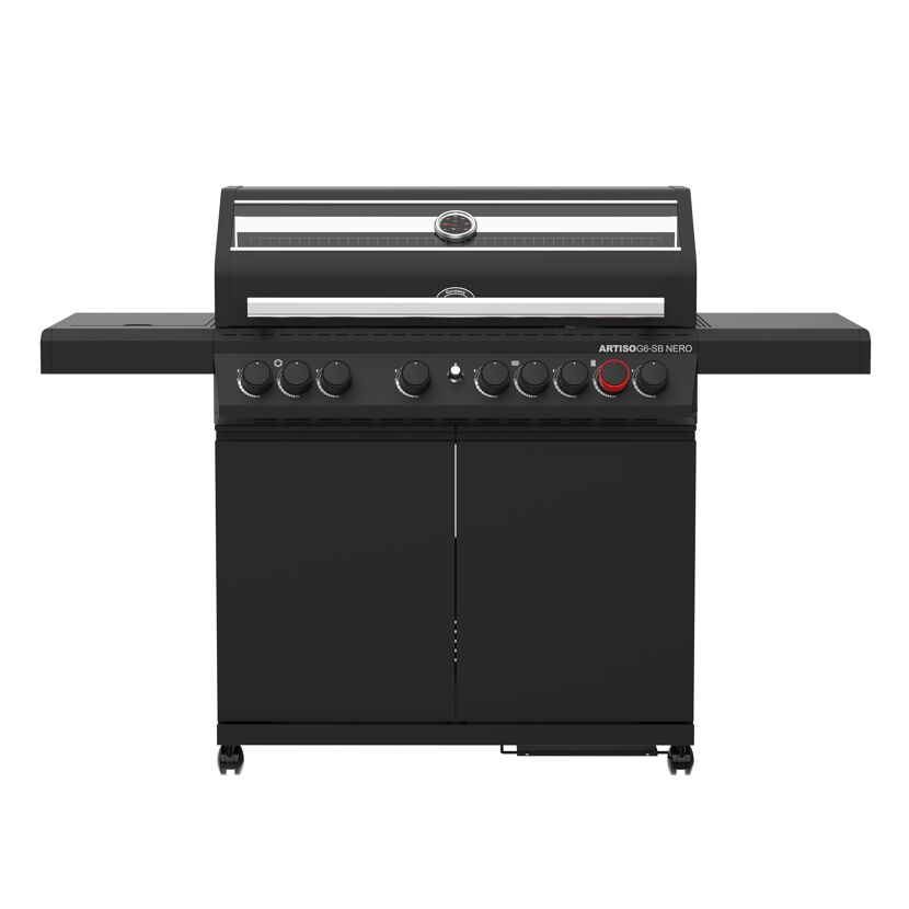 Schwarzer Gasgrill mit sechs Drehreglern