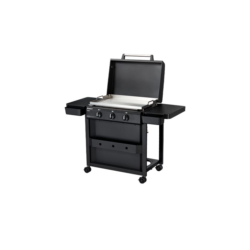 Schwarzer Gasgrill mit Grillplatte