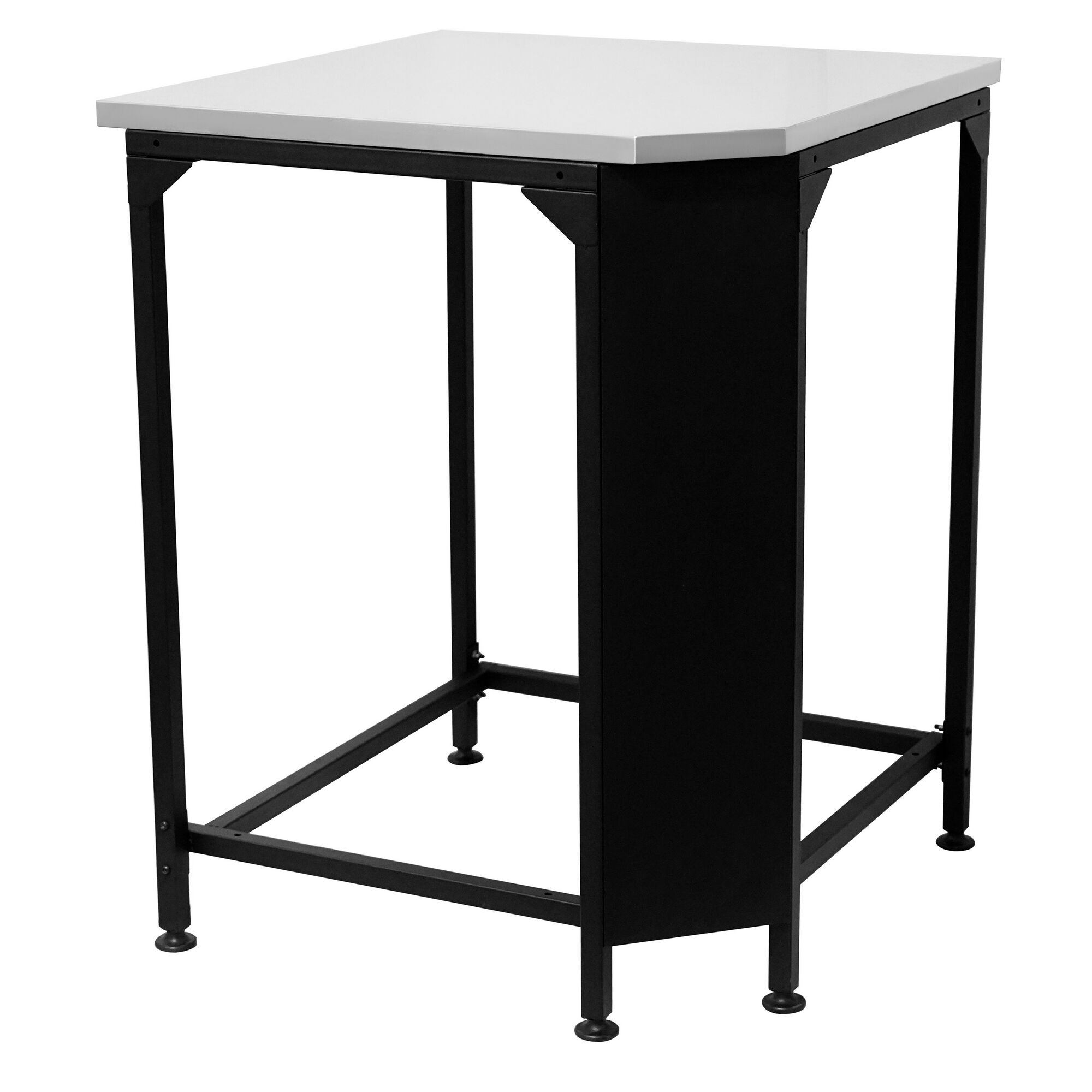 Grauer Eckschrank mit schwarzem Metallgestell