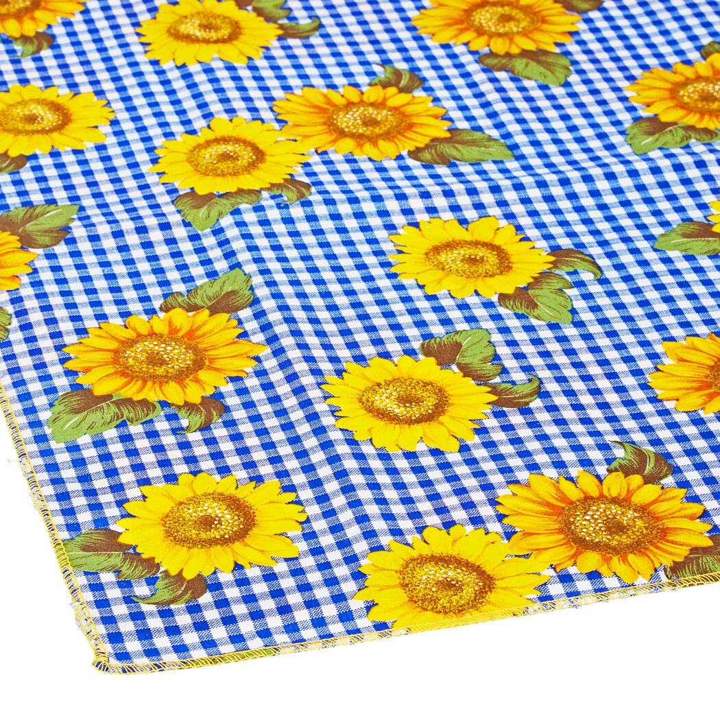 Blau-weiß karierte Tischdecke mit Sonnenblumenmuster
