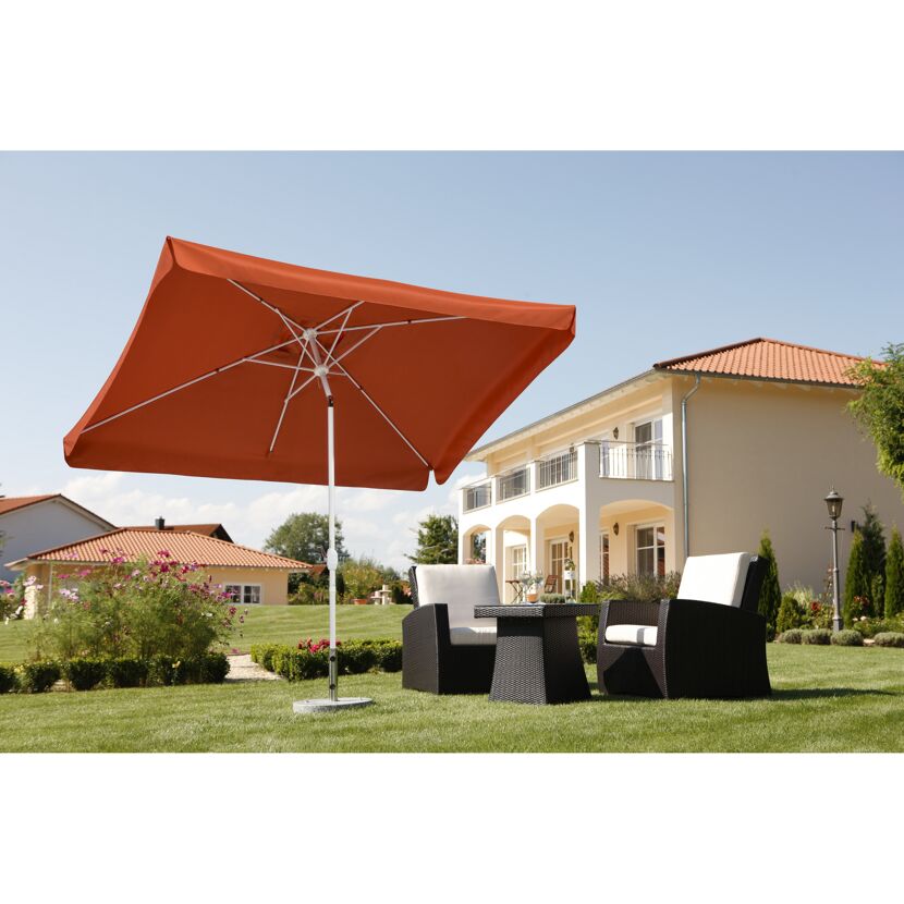Orangener Sonnenschirm Oslo 3x2m über Gartenmöbeln