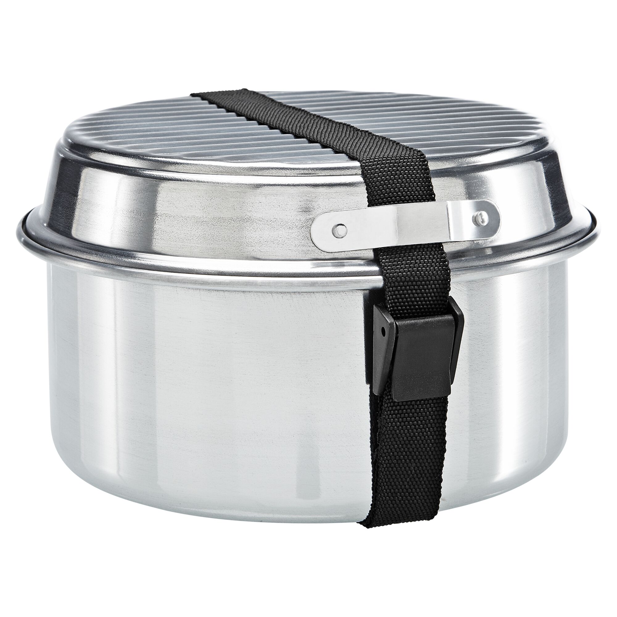 Silbernes Camping-Kochgeschirr mit schwarzem Tragegurt.