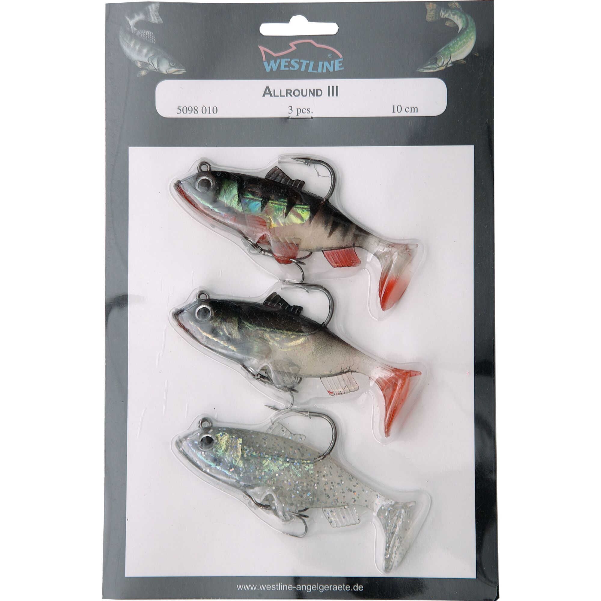 Drei Westline Allround III Kunstköder in einer Verpackung.